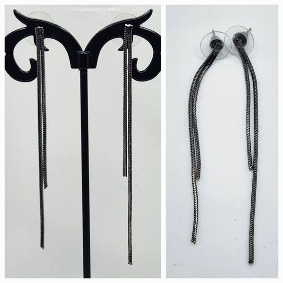 Minimalist Gunmetal Box Chain 3.25" Long Dangle Earrings Elegant Simple Classy - Picture 1 of 9